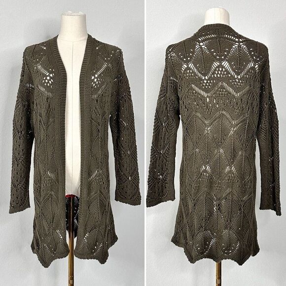 The Kooples Sweaters - The Kooples XS Olive Green Crochet Open Knit Longline Cardigan Boho Festival